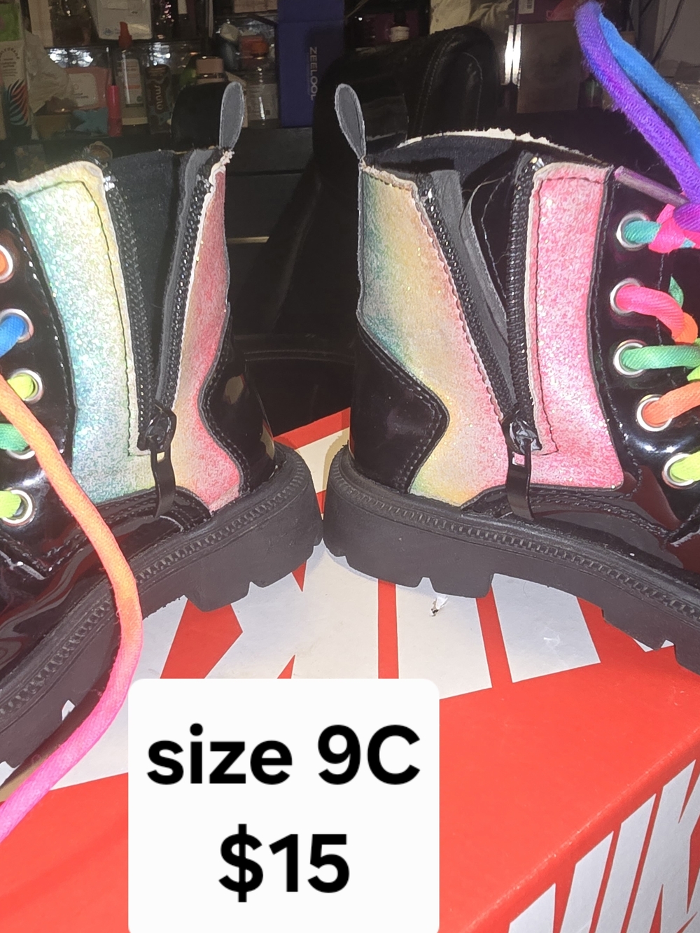 Rainbow Glitter Combat Boots with Black Patent Trim - Kids